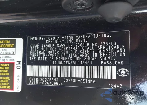 2011 Toyota Camry Le V6 z USA, uszkodzony, nr VIN 4T1BK3EK7BU119461